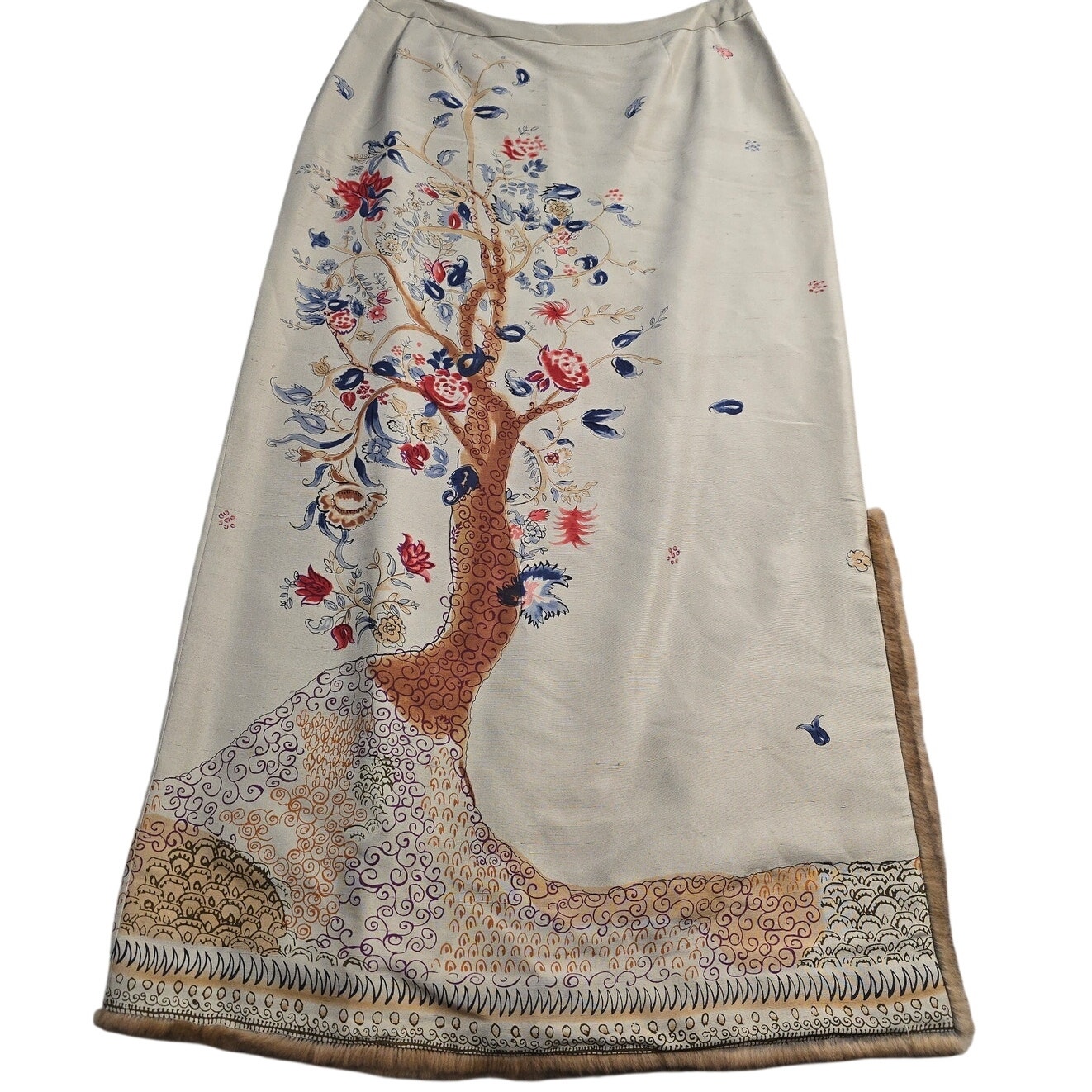 Vtg Silk Scenic Tree Print Maxi Skirt Sz 8 Beige Slit Boho Artsy Resort Festival